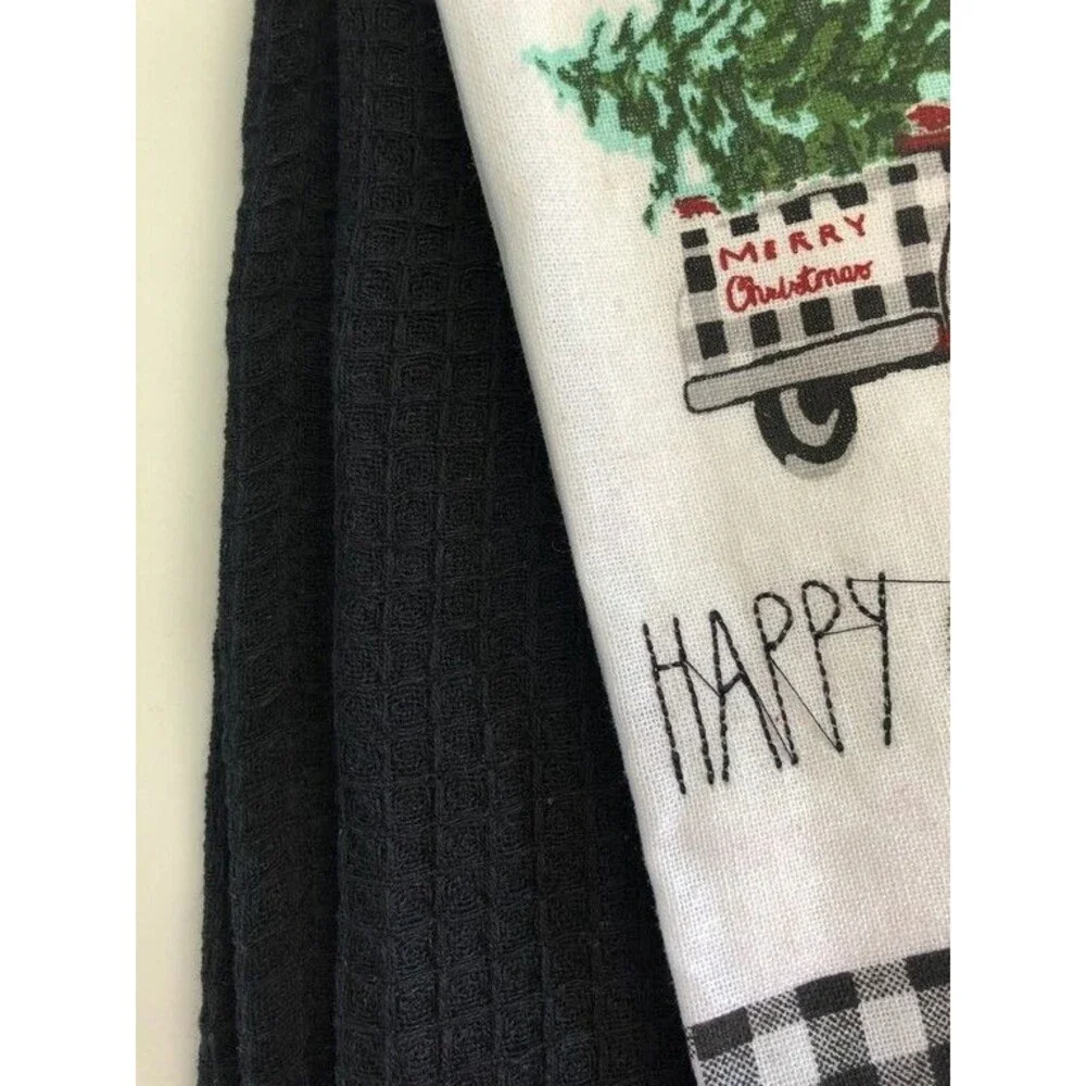Christmas Kitchen Dish Towels Embroidered Happy Black Buffalo Check Set of 2